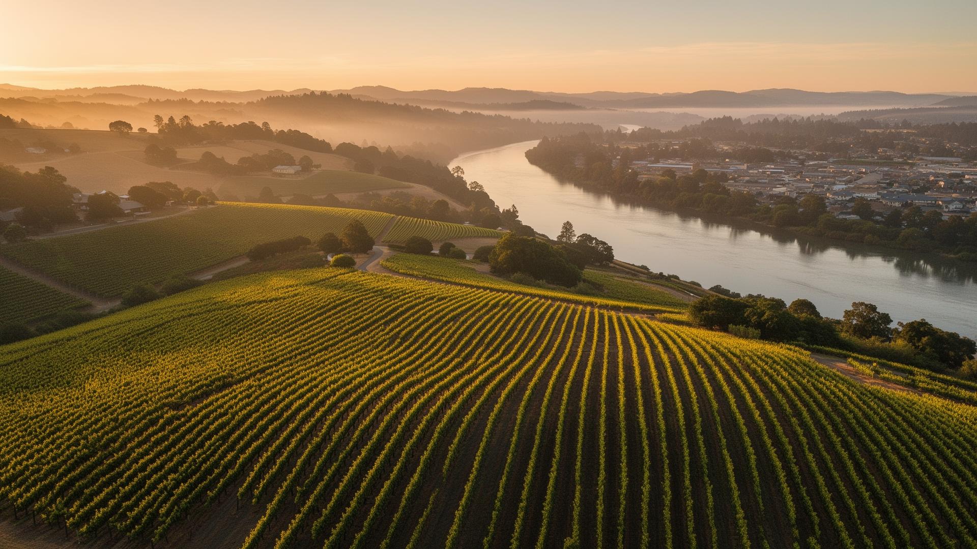 Aerial view of Sonoma County vineyards at golden hour